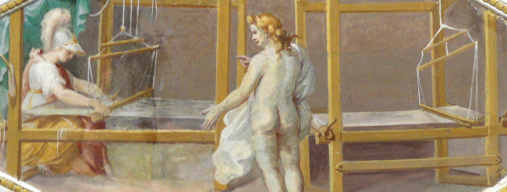 Palazzo Farnese di Caprarola. La Stanza dei lanifici. Aracne sfida Atena nell'arte della tessitura.